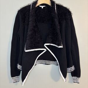 Candies Cardigan Sweater Cropped Womens S/M Black White Waterfall Eyelash Fuzzy